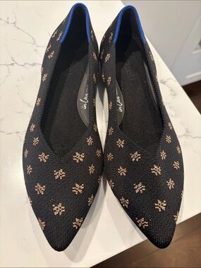 Rothy's Black Pointed Knit Flats with Gold Dot Embroidery